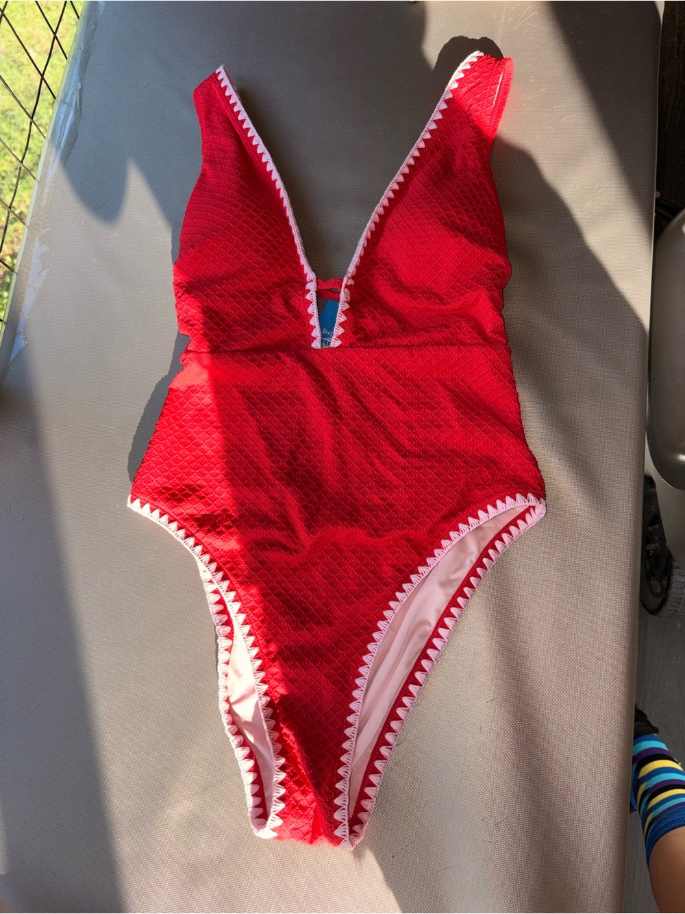 Cupshe Red One-Piece Girls' Swimsuit with White Zigzag Trim